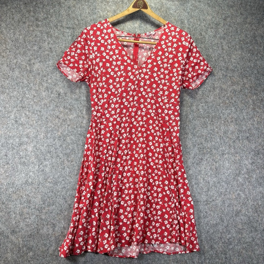 GAP Women's Red‎ White Floral Skater Sun Dress Short Sleeve Rayon Size 10 V Neck